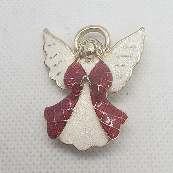 Vintage White, Red, & Gold Angel Brooch - Picture 1 of 3